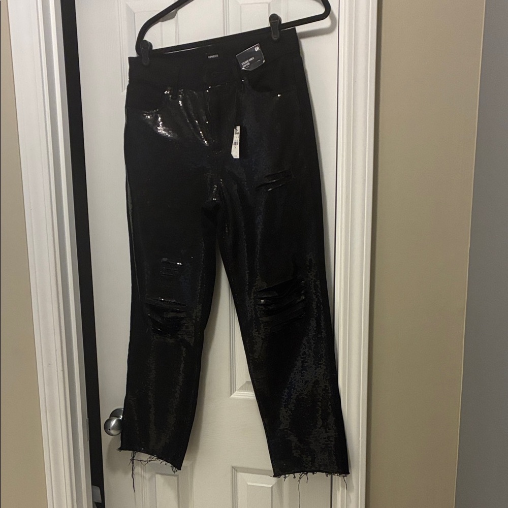 Express Shiny Black Distressed Ankle Jeans